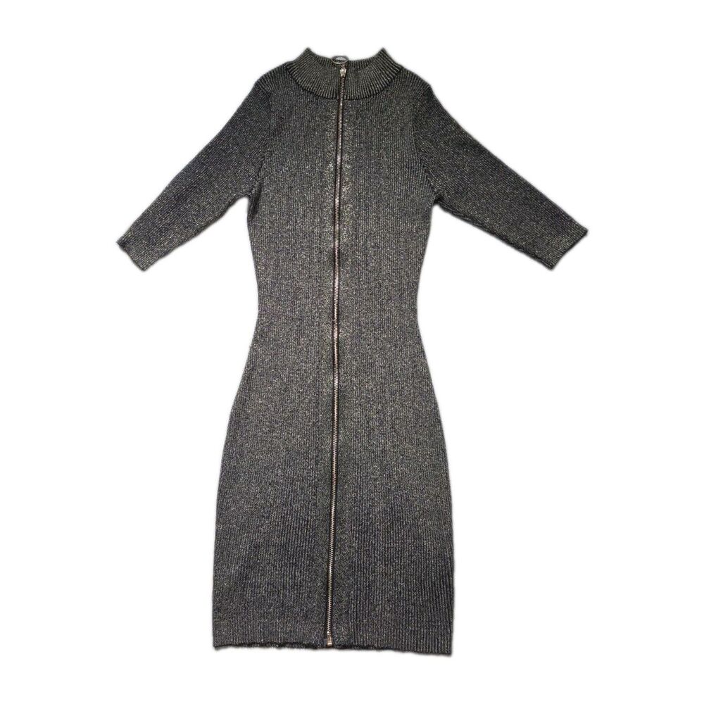 Say What? Metallic Knit Midi Dress Black Gold Full Zip Mock Neck 3/4 Sleeve Sz L